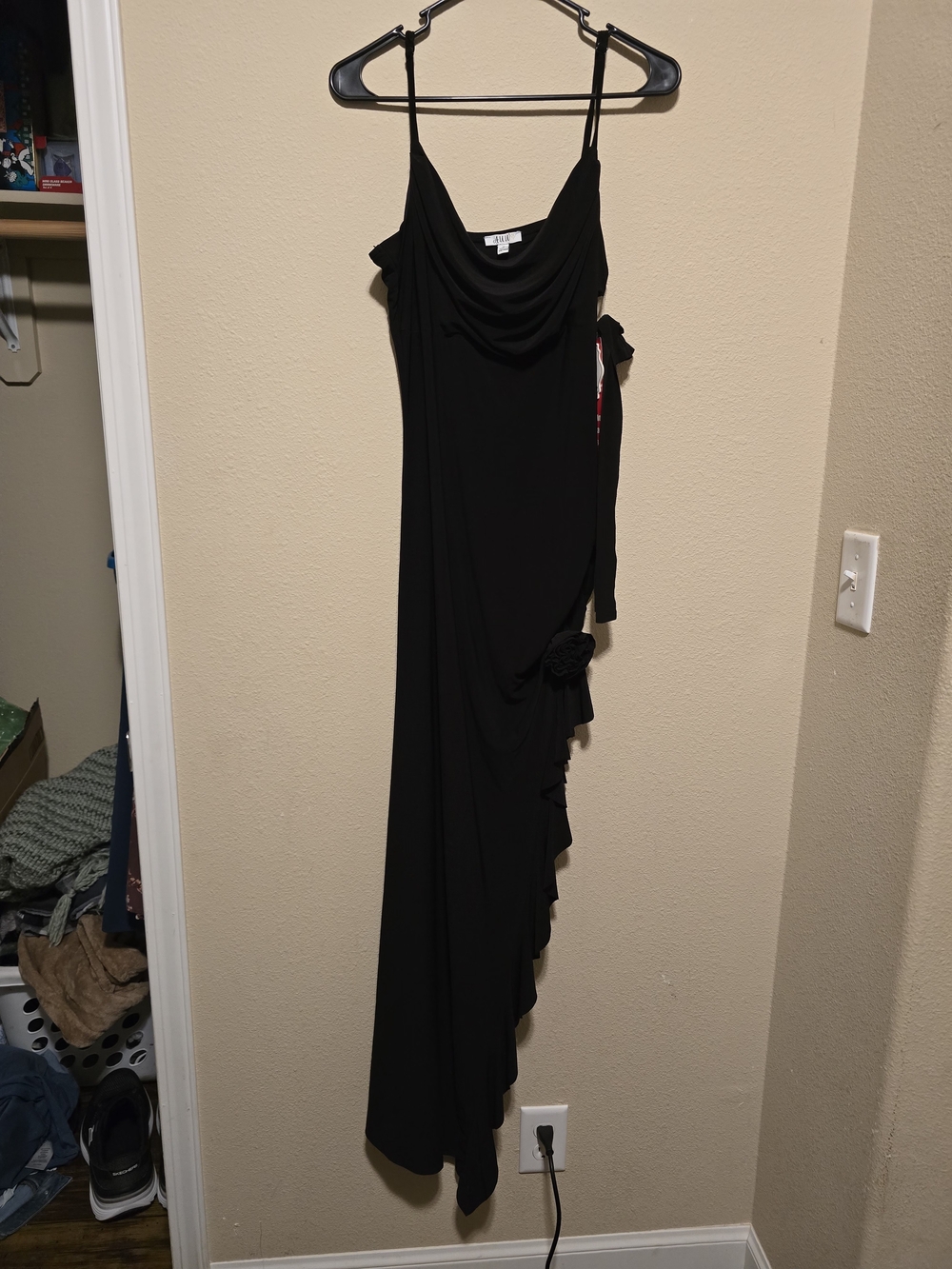 Elegant Black Draped Slip Dress with Side Ruffle